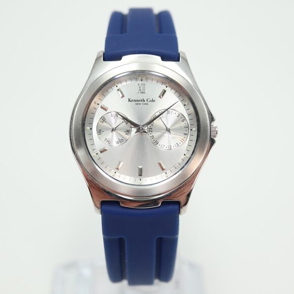 Kenneth Cole NY Mens Day Date Watch 37mm Silver Tone Blue Silicone w New Battery - Picture 5 of 16
